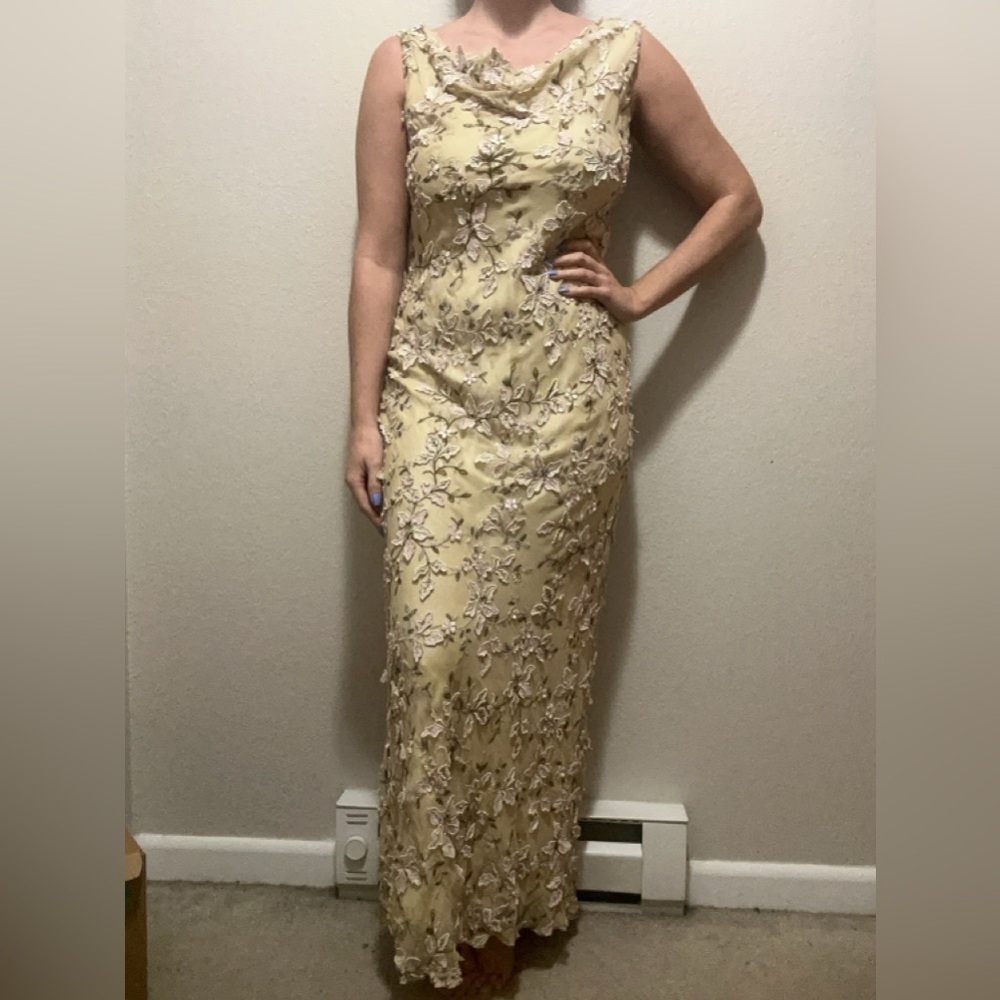 Lena Medoyeff 100% Silk Embroidered Gown Champagne Floral Size Medium